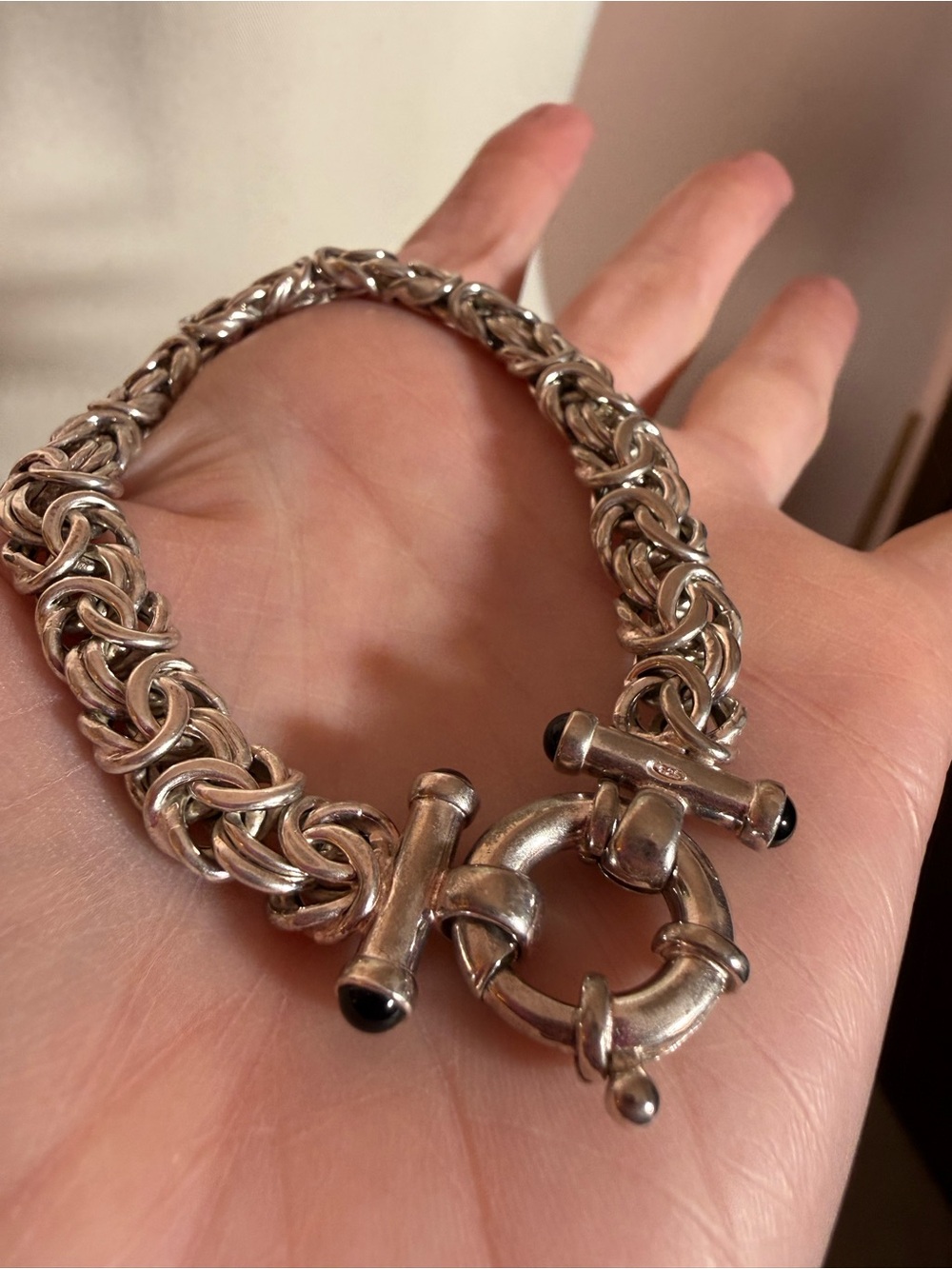 Sterling silver Italy Byzantine Chain bracelet oversized clasp onyx end caps